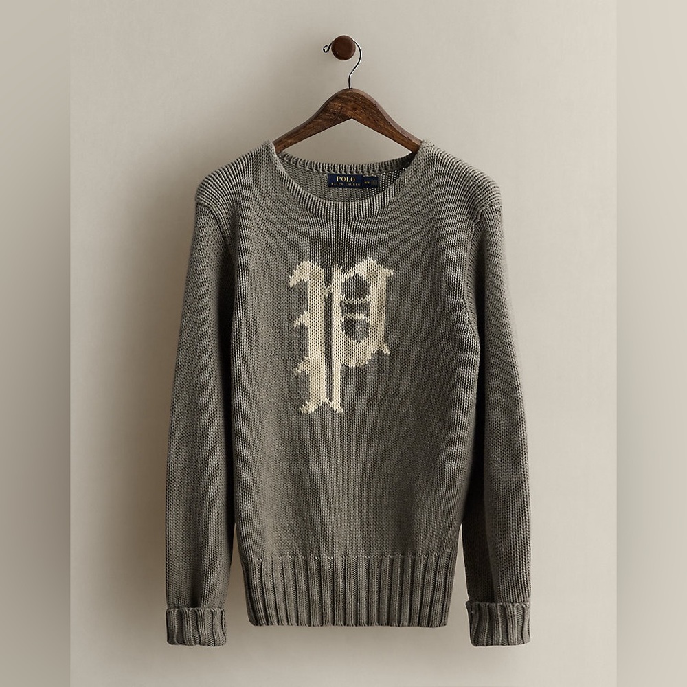 Polo Ralph Lauren 2018 Gothic P Letter Logo Grey Cotton Knit Sweater Size XL